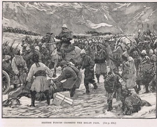 Britské síly překračující Bolan Pass, ilustrace z Cassellovy „Ilustrované historie Anglie“, vydané kolem roku 1910